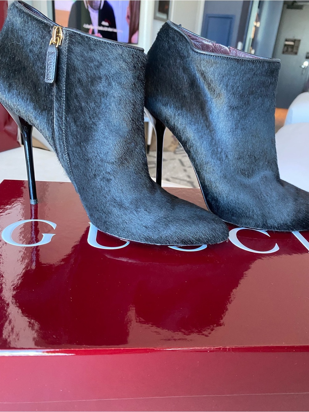 Gucci Black Ponyhair Pointed Toe Stiletto Ankle Booties 9.5 39.5